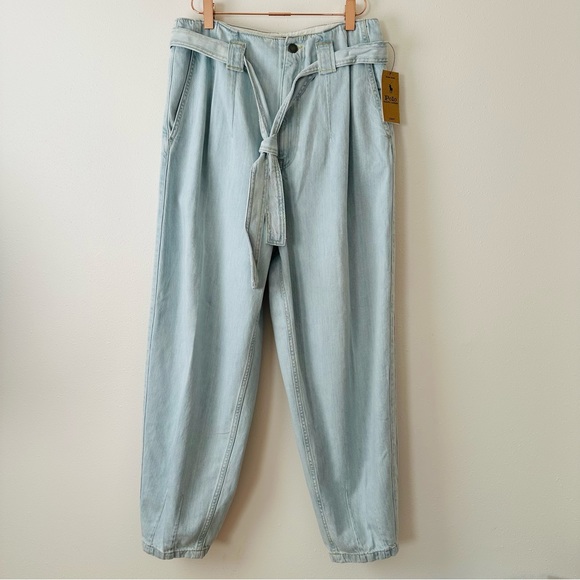 New Ralph Lauren High Rise Tapered Blue Tie Belt Ankle Cotton Denim Jeans Pants - Picture 11 of 16